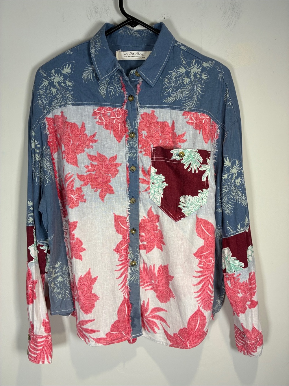 Free People We The Free Patchwork Linen Floral Button Down Shirt S - Picture 2 of 9